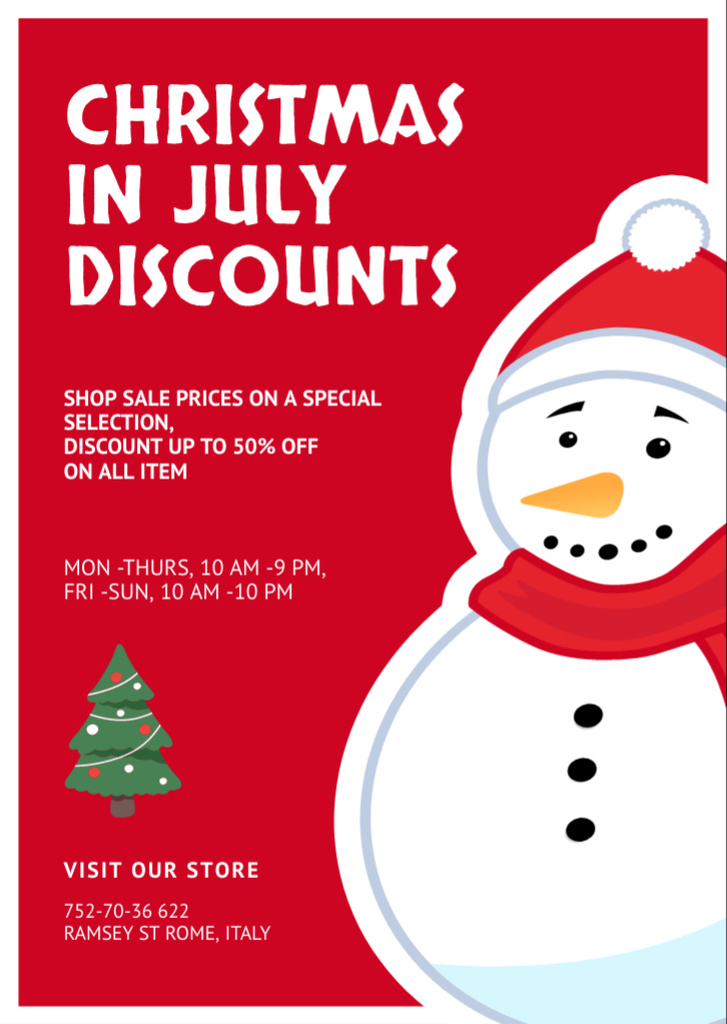 Christmas Sale in July with Cute Snowman in Hat and Scarf Flyer A6 tervezősablon