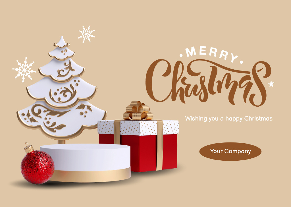 Platilla de diseño Christmas Cheers with Present and Tree in Beige Postcard