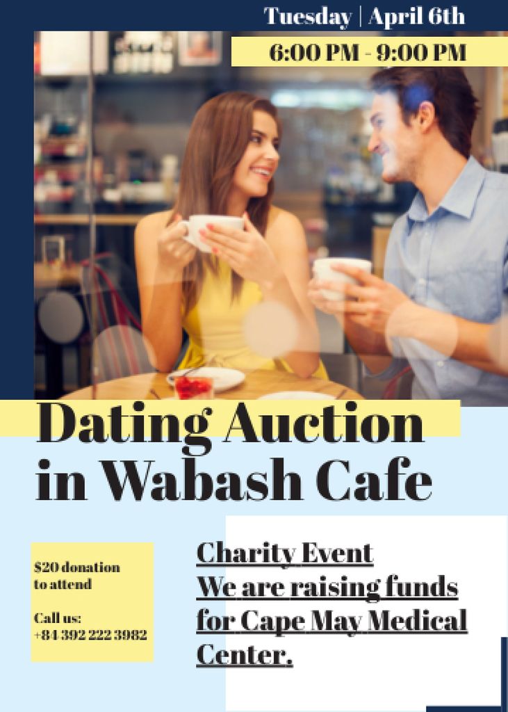 Smiling Couple at Dating Auction in Cafe Invitation Modelo de Design