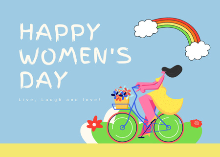 Ontwerpsjabloon van Postcard 5x7in van Women's Day Greeting with Cute Woman on Bike