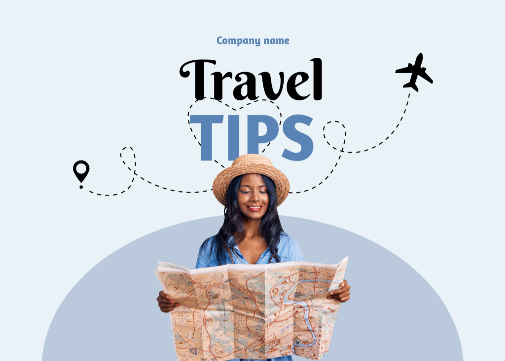 Ontwerpsjabloon van Flyer 5x7in Horizontal van Travel Tips With Beautiful Brunette with Map