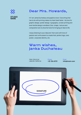 グラフィック タブレットを使用したデザイン スタジオへの動機付けの手紙 Letterheadデザインテンプレート