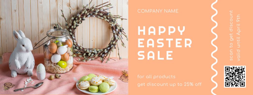 Beautiful Easter Decoration with Decorative Rabbit and Painted Eggs Coupon Modelo de Design
