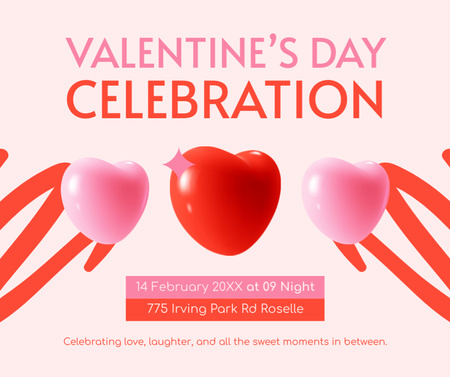 Valentine's Day Celebration Announcement with 3D Hearts Facebook Design Template