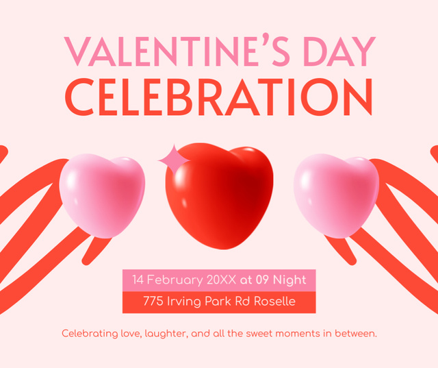 Valentine's Day Celebration Announcement with 3D Hearts Facebook Šablona návrhu
