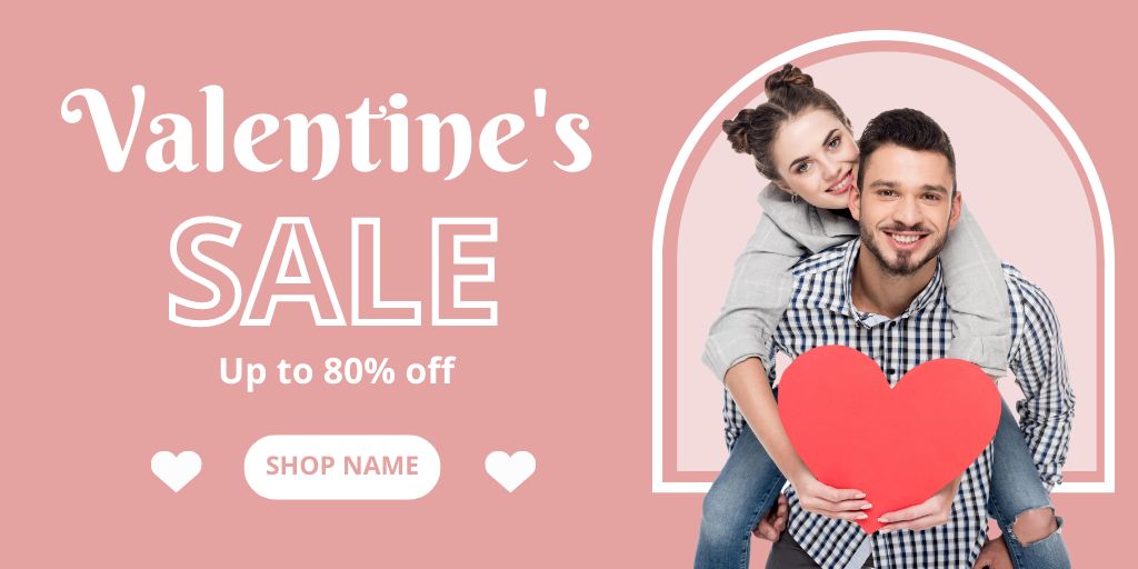 Valentine's Day Sale with Couple in Love in Pink Twitterデザインテンプレート