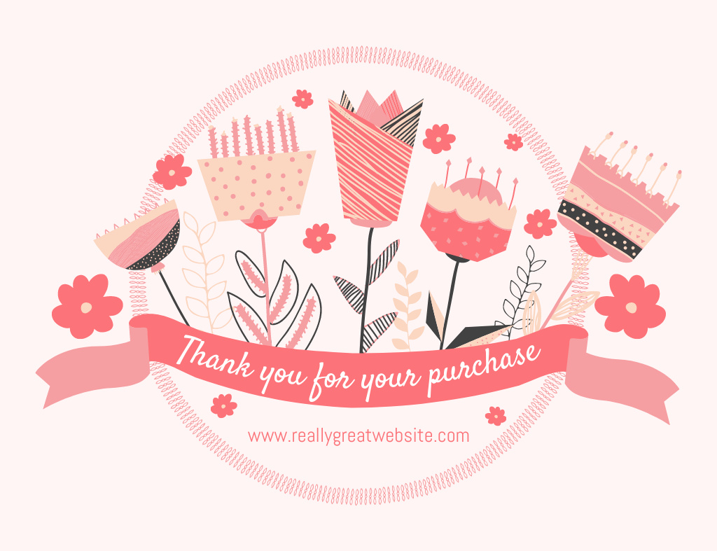 Thank You For Purchase Text with Pink Flowers in Patchwork Style Thank You Card 5.5x4in Horizontal Design Template