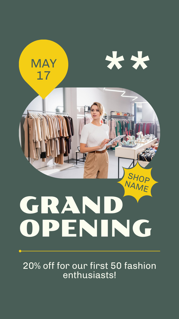 Opening of Fashionable Store with Discount on Clothing Instagram Story Πρότυπο σχεδίασης