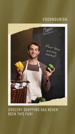 Grocery Shop Ad with Salesman in Apron Instagram Story Design Template