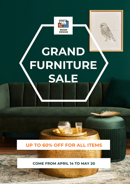 Plantilla de diseño de Grand Furniture Sale with Cozy Sofa in Room Poster A3 