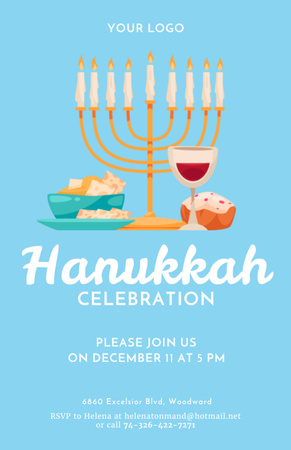 Hanukkah Celebration With Menorah and Treats In Blue Invitation 5.5x8.5in Design Template
