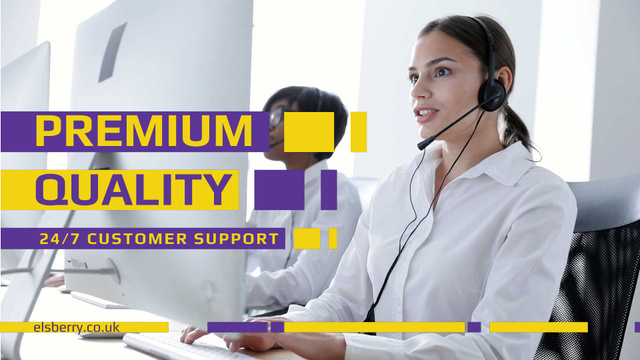 Customers Support Smiling Assistant in Headset Full HD video Modelo de Design