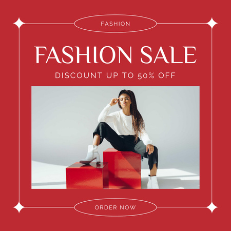 Fashion Sale Ad with Young Woman in Black and White Outfit Instagram tervezősablon