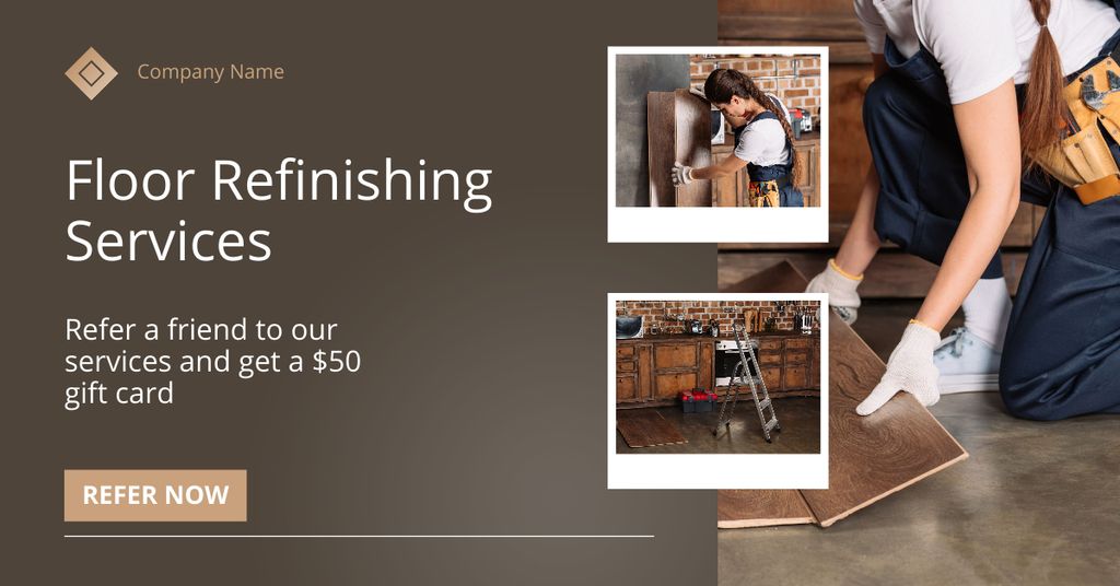 Floor Refinishing Services Ad with Woman working on Installation Facebook AD Tasarım Şablonu