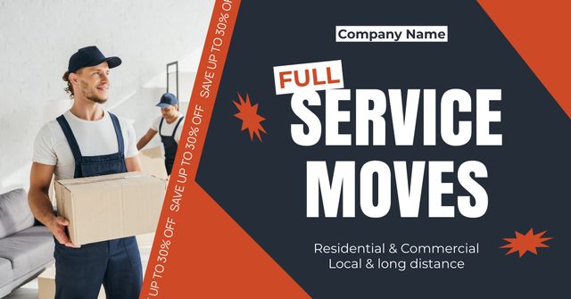 Full Service Moving Ad with Delivers carrying Boxes Facebook ADデザインテンプレート