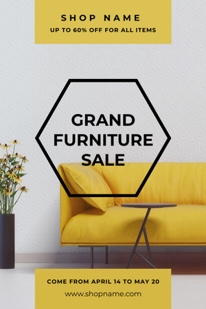 Grand Furniture Sale Announcement with Modern Yellow Couch Flyer 4x6in Tasarım Şablonu