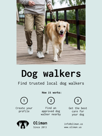 Ontwerpsjabloon van Poster US van Dog Walking Services with Man with Golden Retriever