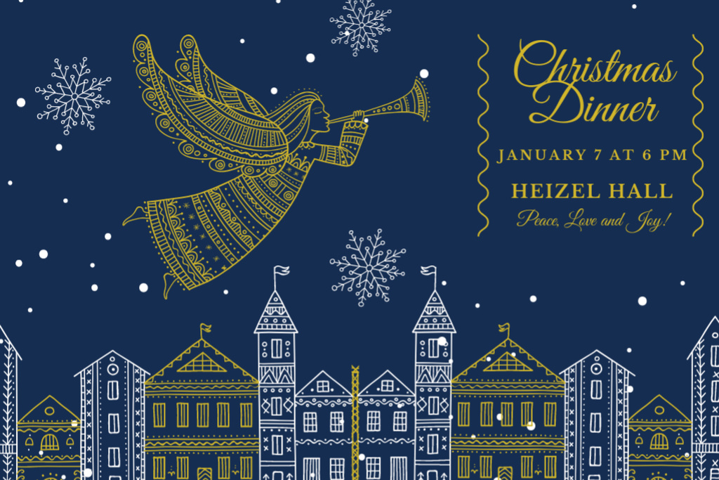 Orthodox Christmas Dinner with Illustrated Angel Over City Flyer 4x6in Horizontal Design Template