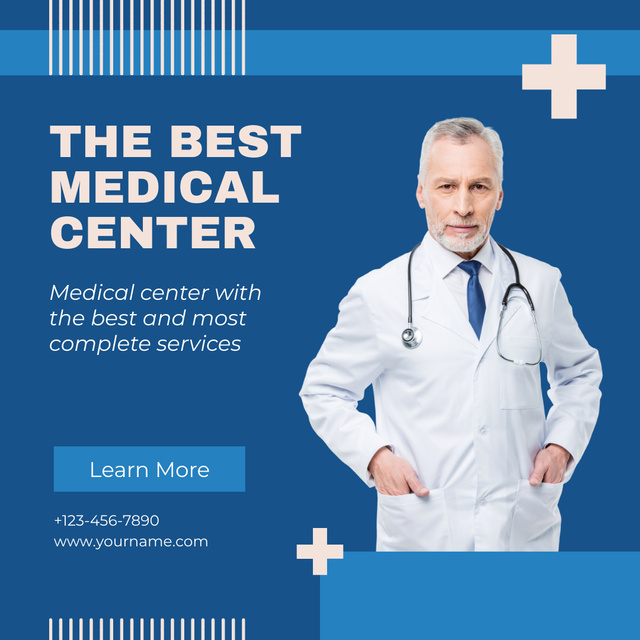 Best Healthcare Center Ad with Mature Doctor Instagram Design Template