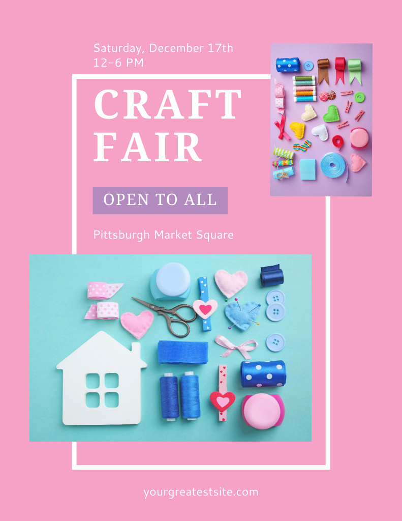 Chic Craft Fair Announcement with Needlework Tools Flyer 8.5x11in Design Template