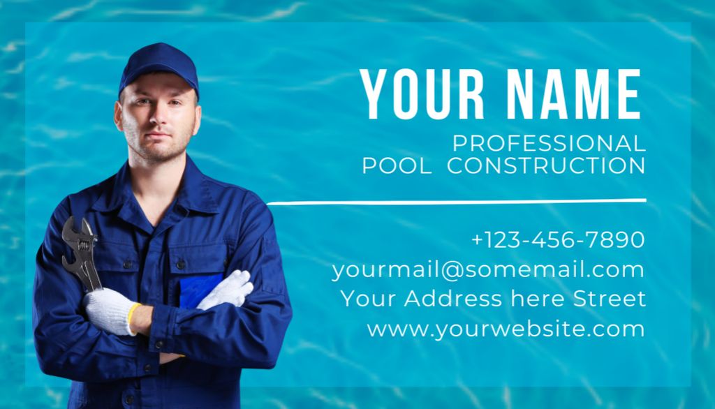 Premium Pool Construction Services Offer on Blue Business Card US Design Template