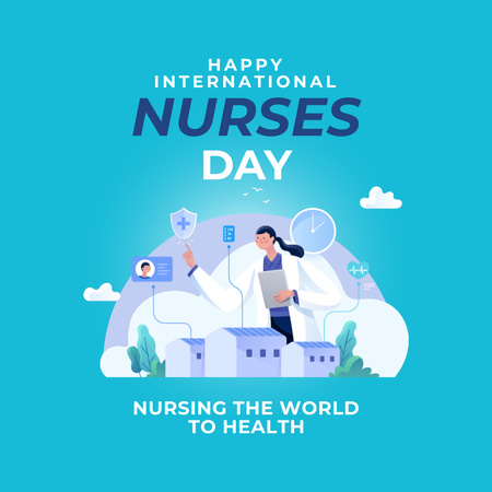 День медсестры приветствие синий мультфильм иллюстрированный Instagram – шаблон для дизайна