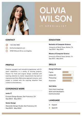 Work Experience and Skills of IT Specialist Resume Design Template