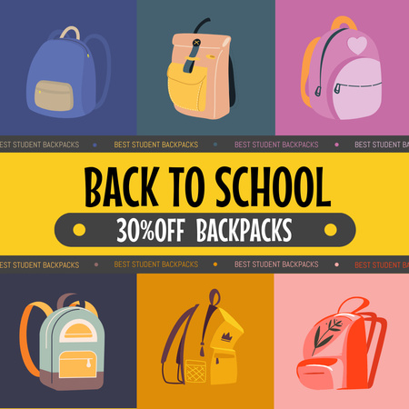 Plantilla de diseño de Anuncio de descuento para mochilas escolares diversas Instagram 