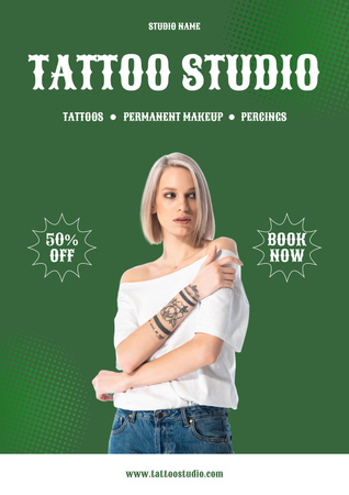 Template di design Offerta di servizi di tatuaggi e trucco permanente con sconto Poster