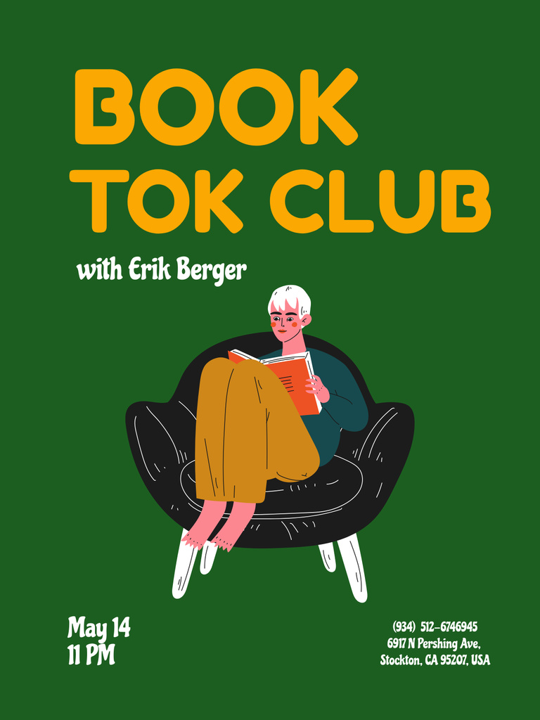 Book Club Invitation with Girl Reading in Cozy Armchair Poster 36x48in Šablona návrhu