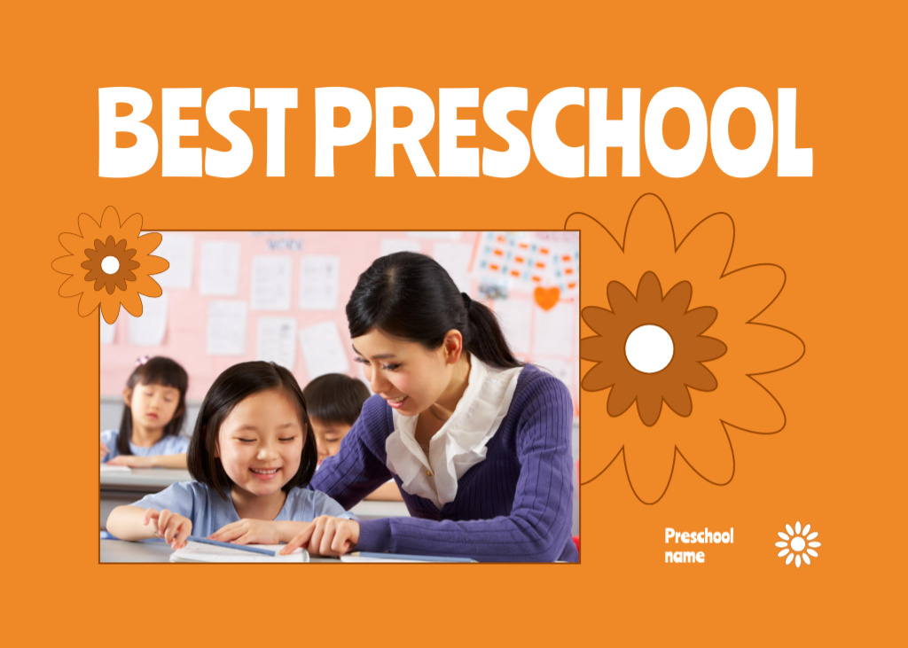 Designvorlage Best Preschool Education Offer In Orange für Postcard 5x7in
