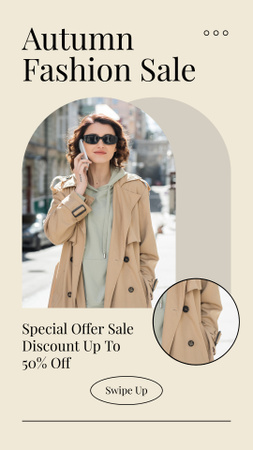 Autumn Sale with Woman in Beige Trench Coat Instagram Story Modelo de Design
