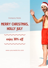 Cheerful Man in Santa Claus Costume Standing on Beach in Sunny Day