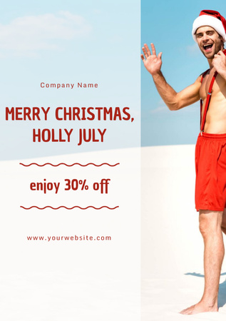 Cheerful Man in Santa Claus Costume Standing on Beach in Sunny Day Postcard A5 Vertical Design Template