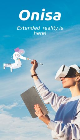 Designvorlage Frau in Virtual-Reality-Brille mit Tablet für Business Card US Vertical