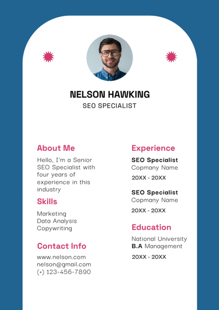 Skills and Experience in SEO Marketing on Blue Resume Modelo de Design