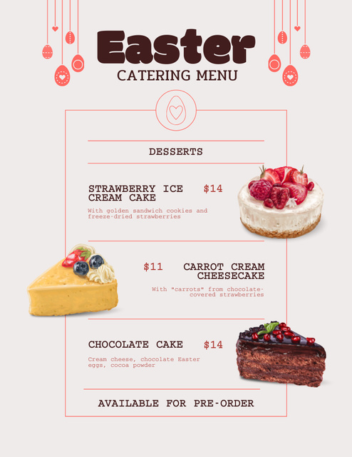 Sweet Yummy Desserts in Easter Catering Menu 8.5x11in – шаблон для дизайна