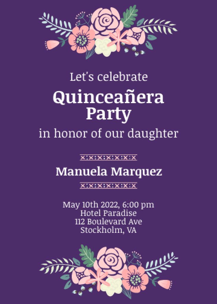 Celebration Invitation Quinceañera with Cute Flowers Invitation Design Template
