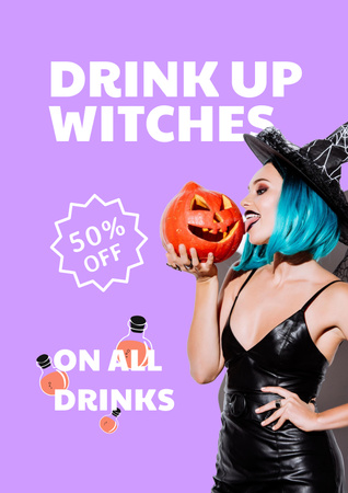 Halloween Party Announcement with Woman in Witch Costume Poster tervezősablon