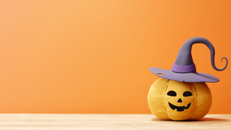 Creepy Halloween With Smiling Jack-o'-lantern In Witch Hat Zoom Background Design Template