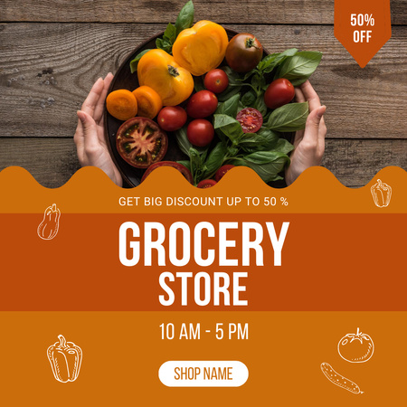 Grocery Store Ad with Veggies on Table Instagram Design Template