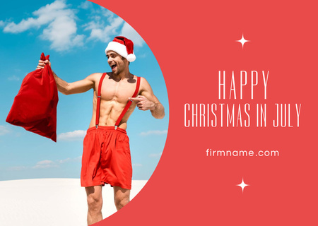Plantilla de diseño de Cheerful Man in Santa Claus Costume Standing on Beach in Sunny Day Card 