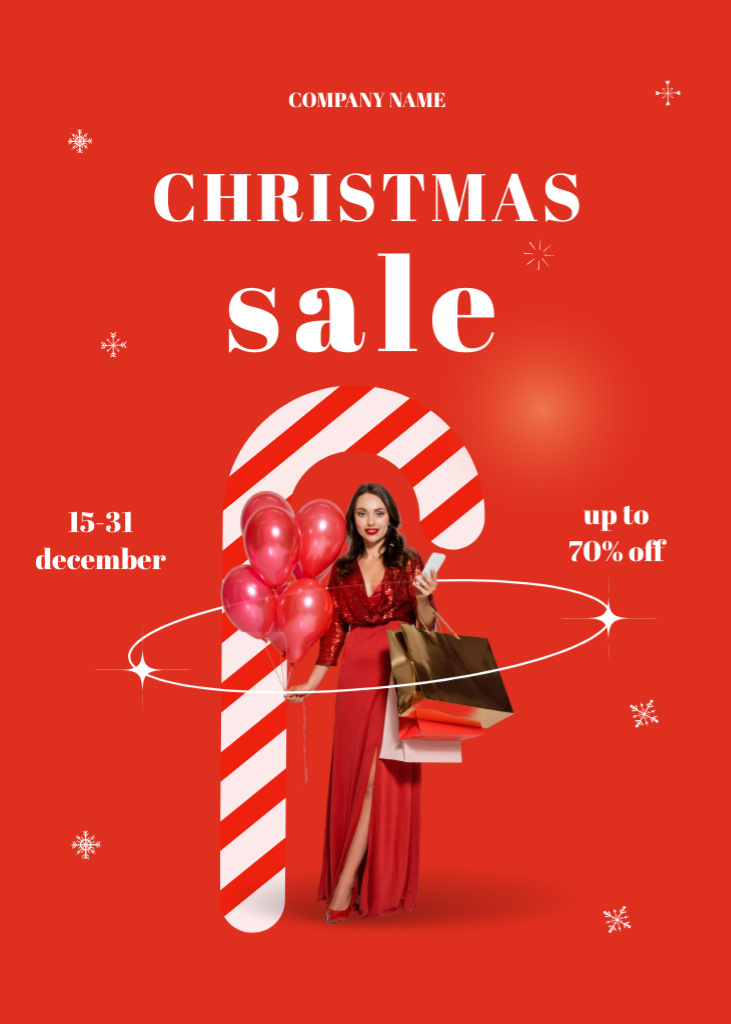 Christmas Sale Announcement with Beautiful Woman in Holiday Dress Flayer Tasarım Şablonu