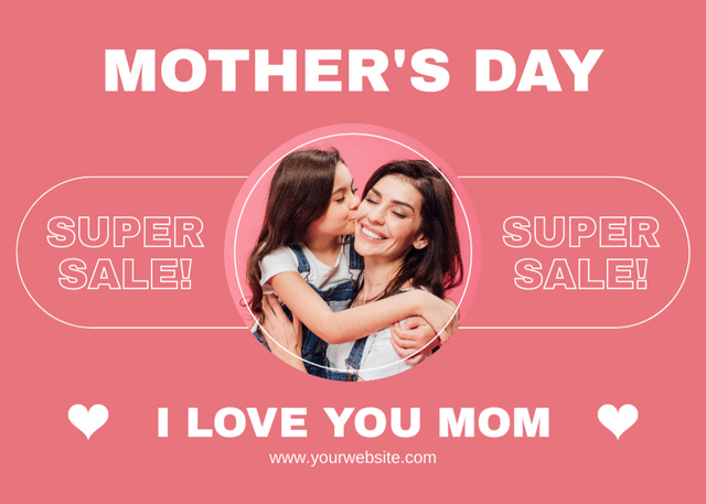 Plantilla de diseño de Mother's Day Super Sale with Cute Mom and Daughter Postcard 5x7in 