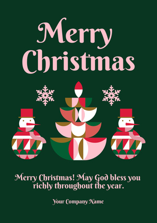 Christmas Wishes with Stylized Tree and Snowmen Poster Design Template