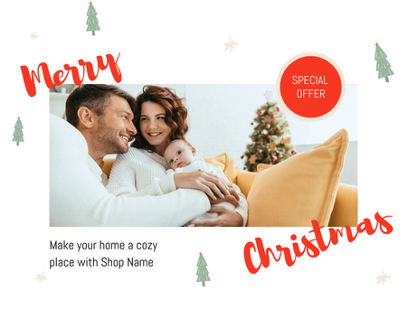 Plantilla de diseño de Young Couple with Newborn Baby Celebrating Christmas in July Postcard 4.2x5.5in 
