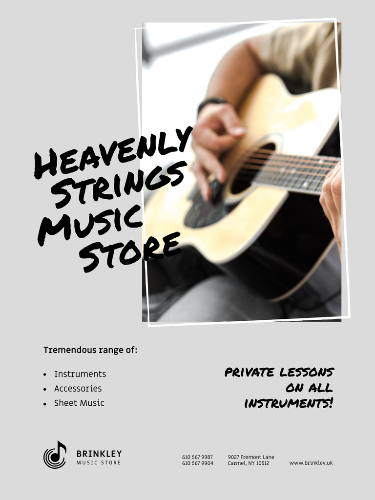 Lovely Music Store Offer with Musician Playing Guitar In Gray Poster US Design Template