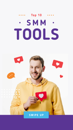 SMM tools Ad with Smiling Blogger Instagram Story Modelo de Design