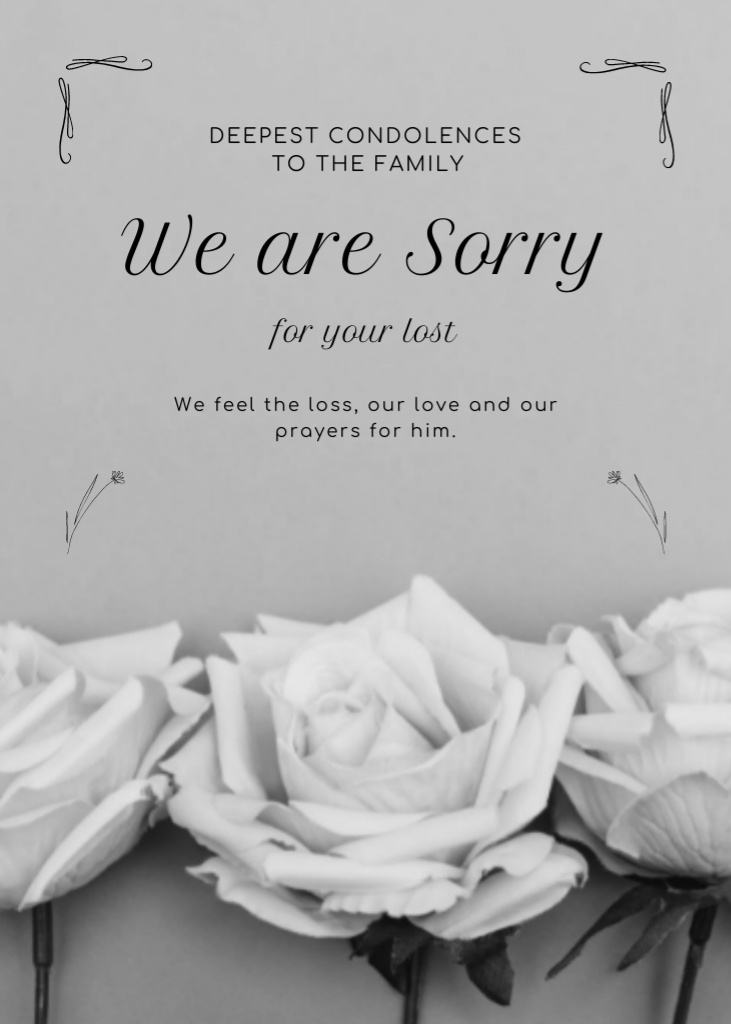 Platilla de diseño Deepest Condolence Message To The Family With White Roses Postcard 5x7in Vertical
