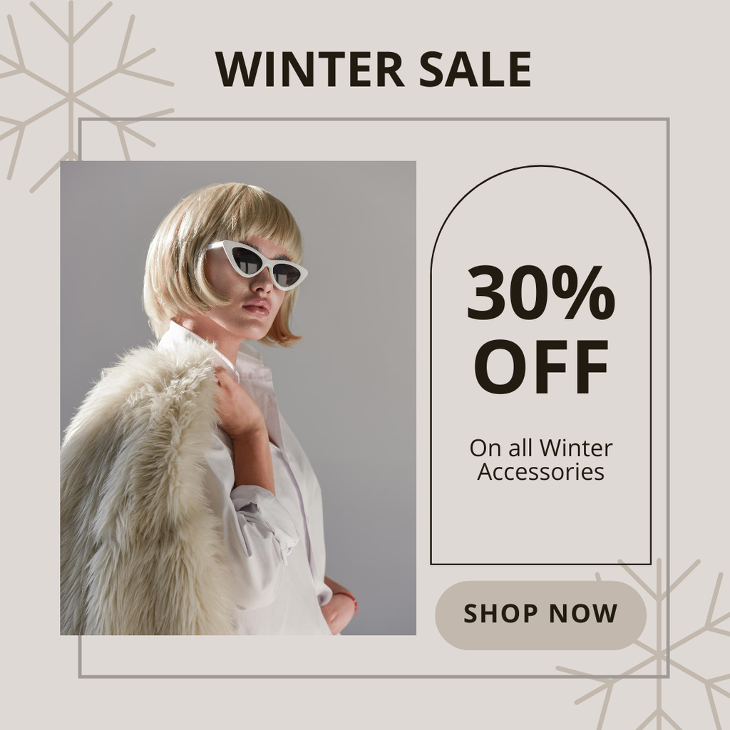 Platilla de diseño Womenswear Winter Sale Announcement with Attractive Blonde in White Instagram